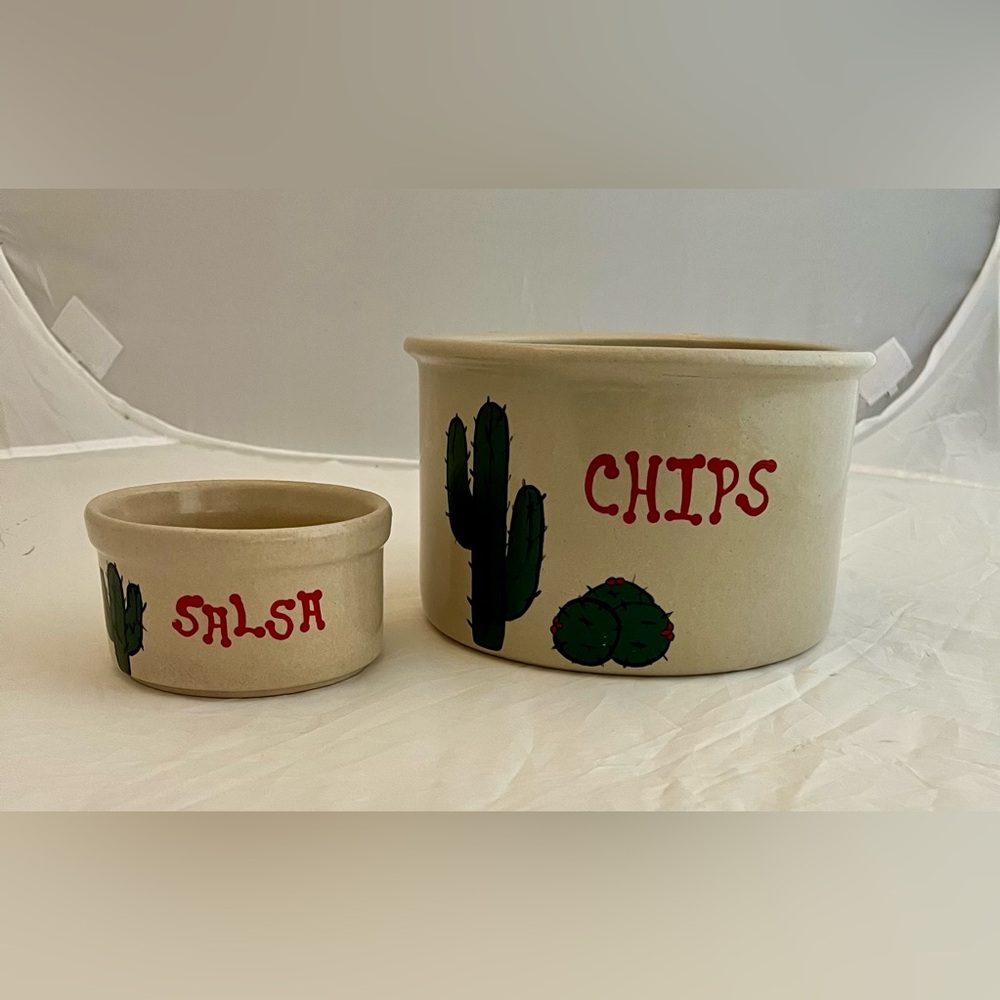Vintage RRP Co. Roseville Pottery Stoneware Chips & Salsa Bowl Set Cactus